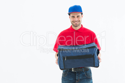 Pizza delivery man holding bag