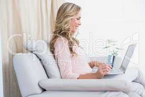 Happy blonde on couch shopping online