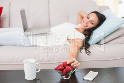 Pretty brunette lying on couch using laptop