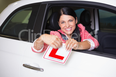 Cheerful female driver tearing up her L sign
