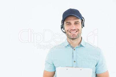 HHappy male courier man wearing headset