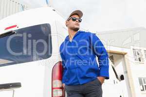 Handsome handyman posing with sunglasses