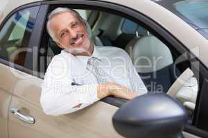 Smiling businessman sitting at the wheel of a car for sale