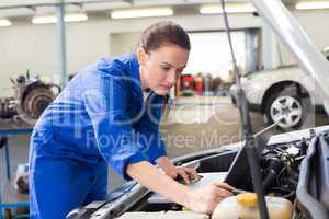 Mechanic using laptop on car