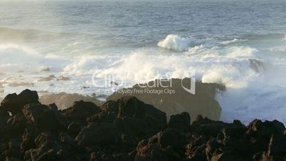Waves Atlantic Ocean Breaking onto Rocks, sunset