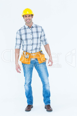 Technician standing over white background