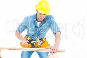 Carpenter using hammer on wood