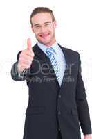 Positive businessman smiling with thumb up