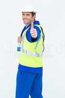 Portrait of happy man showing thumbs up