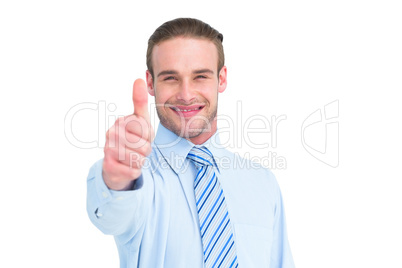 Positive businessman smiling with thumb up