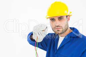 Confident repairman holding cables