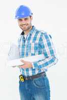 Confident architect holding bluprint and clipboard