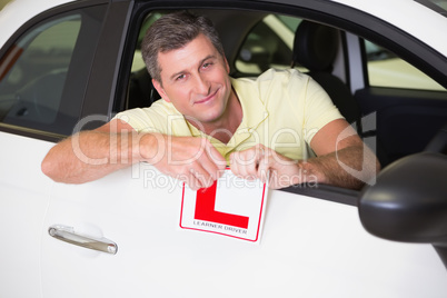 Cheerful male driver tearing up his L sign