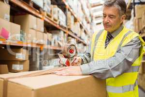 Warehouse worker sealing cardboard boxes for shipping
