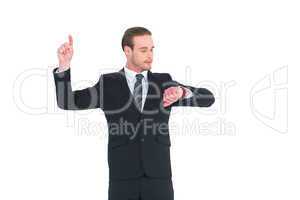 Businessman man checking time pointing up with finger