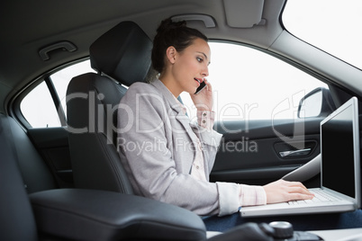 Businesswoman working in the passengers seat