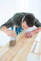 Carpenter using brush on wooden plank