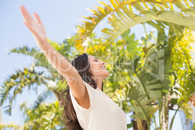 Carefree brunette with arms up