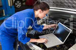 Mechanic using laptop on car