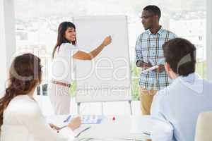 Smiling woman presenting and writing on whiteboard