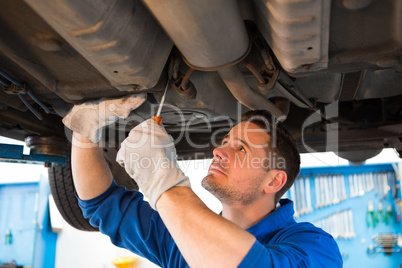 Mechanic examining under the car