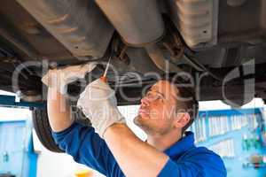 Mechanic examining under the car