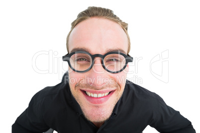 Portrait of smiling geek in shirt