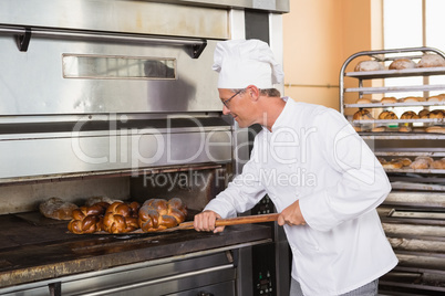 Focused baker taking out fresh loaf