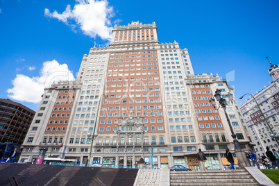 Edificio Espana facade view on a sunny spring day in Madrid