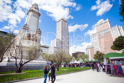 Spain Square with monument to Cervantes, Torre de Madrid and Edi