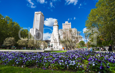 Spain Square with monument to Cervantes, Torre de Madrid and Edi