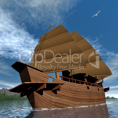 Oriental junk boat - 3D render