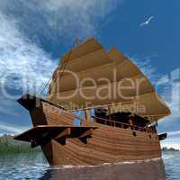 Oriental junk boat - 3D render