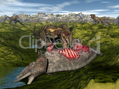 Nanotyrannus eating triceratops dinosaur - 3D render