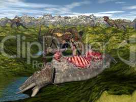 Nanotyrannus eating triceratops dinosaur - 3D render