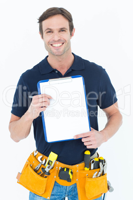 Carpenter showing blank clipboard