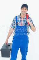 Plumber with monkey wrench and tool box