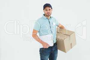 Sad delivery man with clipboard and package