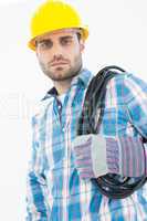 Confident repairman carrying pipe on shoulder