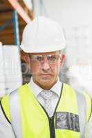 Manager wearing hard hat in warehouse