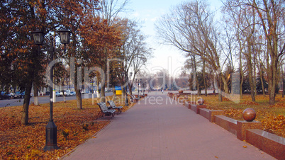 benches and path in the Autumn city park