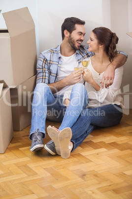 Cute couple toasting with champagne on floor