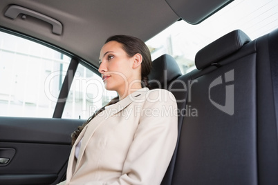 Unsmiling businesswoman sitting in the back seat