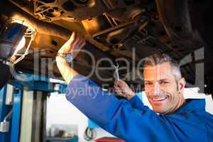 Mechanic examining under the car