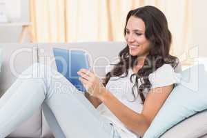 Pretty brunette using tablet pc on couch