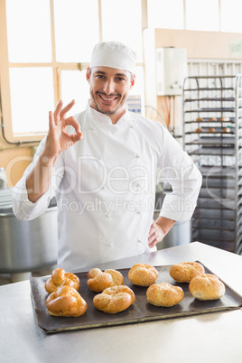 Happy baker showing tray of rolls Happy baker showing tray of rolls