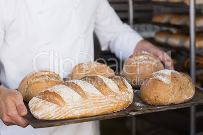 Baker holding tray of bread