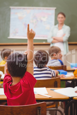 Pupil raising hand during geography lesson in classrorm