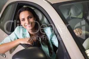 Smiling woman sitting at the wheel of her new car