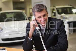 Smiling businessman using laptop on the phone